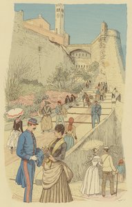 Pessoas a caminhar na Grande Escadaria do Palácio Real, no Mónaco. (cor litho) de Maurice Charles Mathieu Bonvoisin