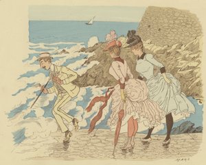 De pé no molhe de La Condamine em Monte Carlo; Mónaco. (cor litho) de Maurice Charles Mathieu Bonvoisin