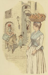 Vida de rua nos becos estreitos da antiga cidade de San Remo, Itália. (cor litho) de Maurice Charles Mathieu Bonvoisin