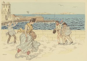 O Mistral fazendo um dia ventoso na Promenade de la Corniche, Marselha, França (cor litho) de Maurice Charles Mathieu Bonvoisin