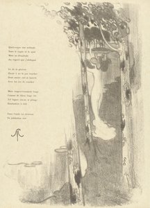 Ilustração com uma mulher nua em pé entre árvores à beira de um lago com o poema Petit Air de Stéphane Mallarmé Ilustração para o soneto Petit Air de Stéphane Mallarmé L