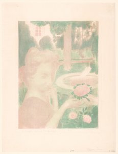 Jovem mulher recebe ramo de flores num jardim
Le bouquet matinal, les larmes... (título sobre o objecto)
Representações de amor (título da série)
Amour (título da série) de Maurice Denis