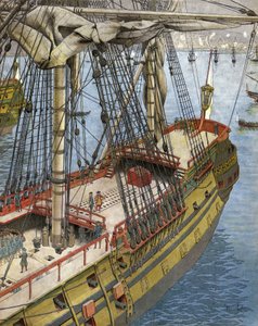Bombardeamento e incêndio da cidade de Argel em 1682: Abraham Marquês Duquesne (entre 1604 e 1610-88), um oficial da marinha francesa, vê do seu navio o efeito produzido pelas bombas galiotes. Cromotypografia em "Le Roy Soleil" (Luís XIV), de Gu de Maurice Leloir