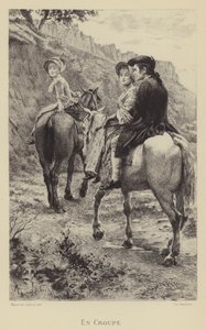 Jean-Jacques Rousseau e duas jovens mulheres que fazem uma viagem a cavalo (gravura) de Maurice Leloir