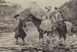 Jean-Jacques Rousseau ajudando duas jovens mulheres a atravessar um riacho (gravura) de Maurice Leloir