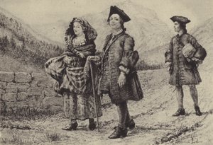 Jean-Jacques Rousseau na estrada com dois companheiros (gravura) de Maurice Leloir