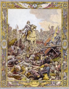 Príncipe Luís II de Bourbon Conde (Bourbon-Conde), conhecido como o Grande Conde (1621-1686), Duque de Enghien saudando o cadáver do Conde de Fontaine na Batalha de Rocroi (Rocroy) contra os espanhóis, 19 de maio de Maurice Leloir