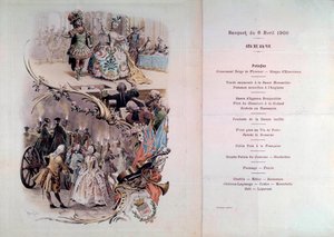 Menu de casamento com ilustração de Maurice Leloir (1851-1940) de bailes em trajes e cenas de galantes, 6/04/1900 de Maurice Leloir