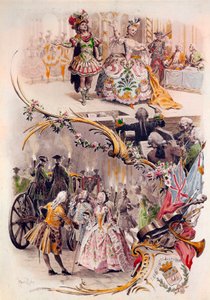 Menu de casamento com ilustração de Maurice Leloir (1851-1940) de bailes em trajes e cenas de galantes, 6/04/1900 de Maurice Leloir
