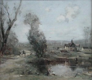 Um trilho junto a um rio no norte da França (óleo sobre painel) de Maurice Levis