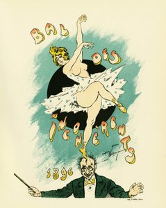 Cartaz para o baile dos incoerentes, baile organizado entre 1885 e 1896 em Paris como parte do movimento artístico lançado por Jules Levy em 1882, as artes incoerentes, Ilustração em litografia de Maurice Neumont (1868-1930), mostrando uma dançarina nua em