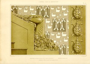 Decoração arquitetónica com cabeça de leão, patos e tartarugas (litografia)