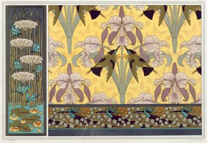 Desenho para borda de papel de parede, tecido e painel: "Libélulas; Libélulas de água e floração", "Aves Cantarolantes e Orquídeas" e "Aves Cantarolantes e Samambaia" de 