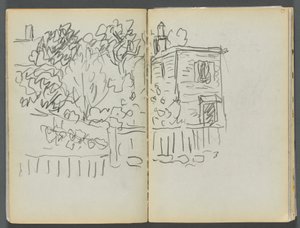 Sketchbook- The Granite Shore Hotel, Rockport, páginas 054 e 55: Casa e jardim vedado de Maurice Prendergast