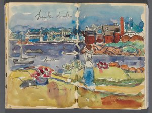 Livro de esboços - The Granite Shore Hotel, Rockport, páginas 084 e 85: Vista do porto com anotações a cores de Maurice Prendergast