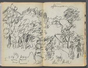 Sketchbook- The Granite Shore Hotel, Rockport, página 104-105: "Tarde, a colina" de Maurice Prendergast