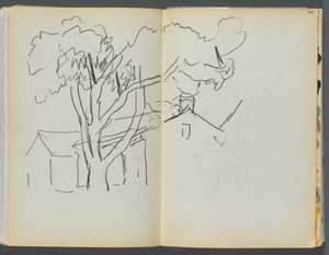 Sketchbook- The Granite Shore Hotel, Rockport, páginas 106 e 107: Árvore com casas de Maurice Prendergast