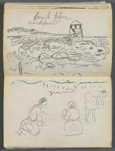 Sketchbook- The Granite Shore Hotel, Rockport, páginas 124 e 125: Farol de Rockport e figuras na costa de Maurice Prendergast