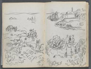 Sketchbook, The Dells, N° 127, página 042  43: Enseada com barcos e figuras de Maurice Prendergast