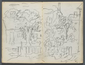 Sketchbook, The Dells, N° 127, página 084  85: Paisagem com casas e pináculo de Maurice Prendergast