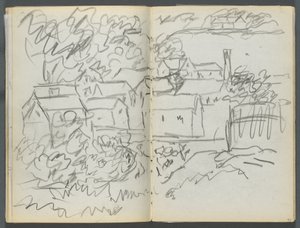 Sketchbook, The Dells, N° 127, página 096  97: Paisagem com casas de Maurice Prendergast