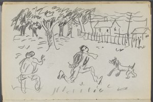 Sketchbook, The Dells, N° 127, página 107: Paisagem com figuras e cão de Maurice Prendergast
