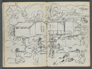 Sketchbook, The Dells, N° 127, página 114  115: Paisagem com figuras e edifícios de Maurice Prendergast