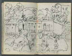 Sketchbook, The Dells, N° 127, página 146  147: Paisagem com figuras e edifícios de Maurice Prendergast