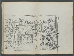 Sketchbook, The Dells, N° 127, página 154 e 155: Paisagem com casas de Maurice Prendergast