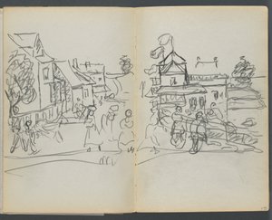 Sketchbook, The Dells, N° 127, página 174 e 175: Aldeia com casas e estrada de Maurice Prendergast