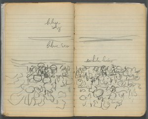 Sketchbook, página 046 e 47: Vista da praia com anotações a cores de Maurice Prendergast