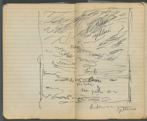 Caderno de esboços, páginas 152 e 153: Vista do mar com anotações a cores de Maurice Prendergast