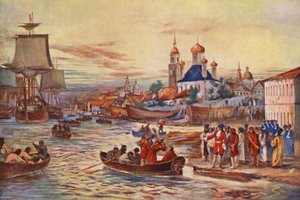 Os preparativos navais de Pedro, o Grande (litografia a cores)