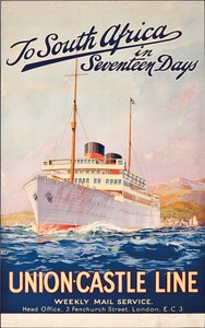 Para a África do Sul em dezessete dias; um pôster publicitário da Union Castle Line,