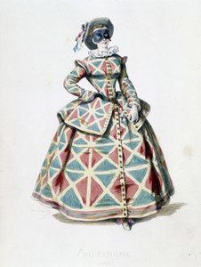 Fato e máscara de Arlequim em 1855, personagem feminina de Arlequim na commedia dell