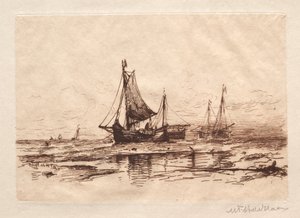Barcos de pesca na praia de Scheveningen. de Maurits Frederik Hendrik De Haas