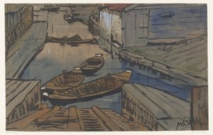 Barcos numa vala entre celeiros