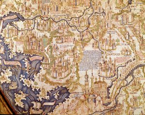 Vista da China (Cambaluc, agora Pequim) Detalhe do mapa do mundo (mappamundi) do irmão Maurus (Mauro) Camaldolese 1459 (mapa) de Mauro Fra