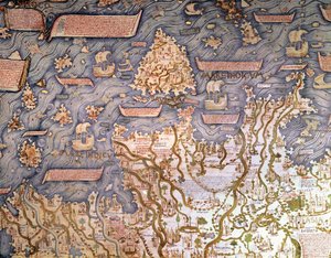 Vista do arquipélago do Bornéu Detalhe do mapa do mundo (mappamundi) do irmão Maurus (Mauro) camaldolese 1459 Biblioteca Marciana, Veneza de Mauro Fra
