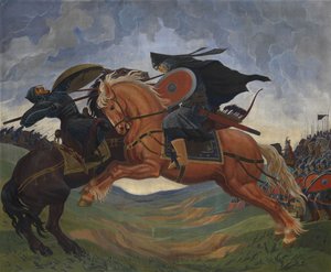 Combate individual de Peresvet e Temir-murza no Campo Kulikovo em 1380 de Mavriki Petrovich Jacobi