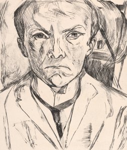 Autorretrato frontal com frontão de uma casa ao fundo de Max Beckmann