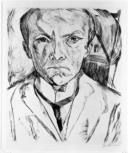 Autorretrato de frente, com frontão de uma casa ao fundo de Max Beckmann