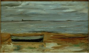 Praia com barcaça cinzenta e mar cinzento de Max Beckmann