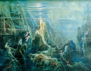 Alemanha, Bayreuth, Desenho de cenário para a apresentação O Anel do Nibelung - The Rhinegold de Richard Wagner, as filhas do Reno