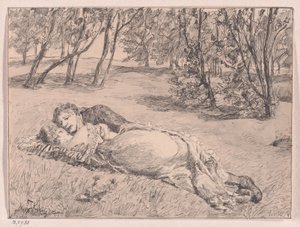 Casal na relva - Um abraço numa paisagem de Max Klinger