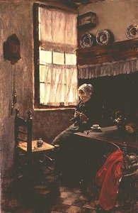 Uma jovem mulher tricotando em um interior de Max Liebermann