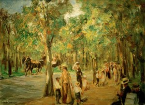 Beco no Tiergarten com caminhantes e transporte de Max Liebermann