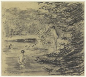 Rapazes banhistas em lagoa florestal de Max Liebermann