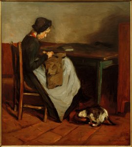 Menina de costura com gato - interior holandês de Max Liebermann
