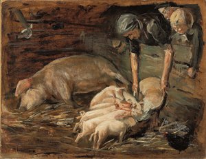 Chiqueiro, Berçário; Porco de porco, berçário, 1887 de Max Liebermann
